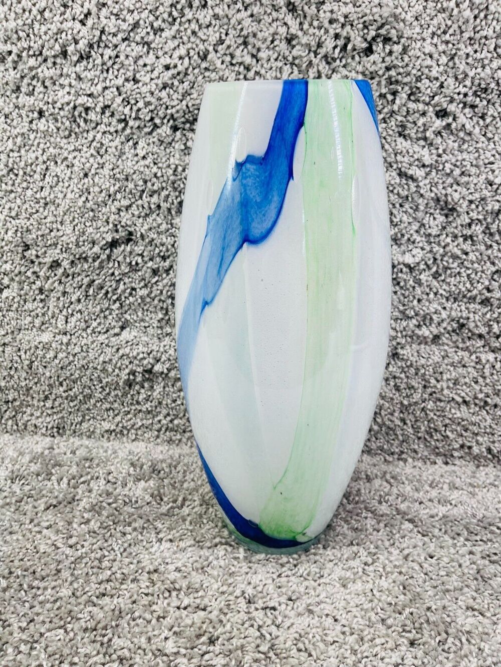 Art Deco Abstract White Blue Ceramic Glass Oval Vase